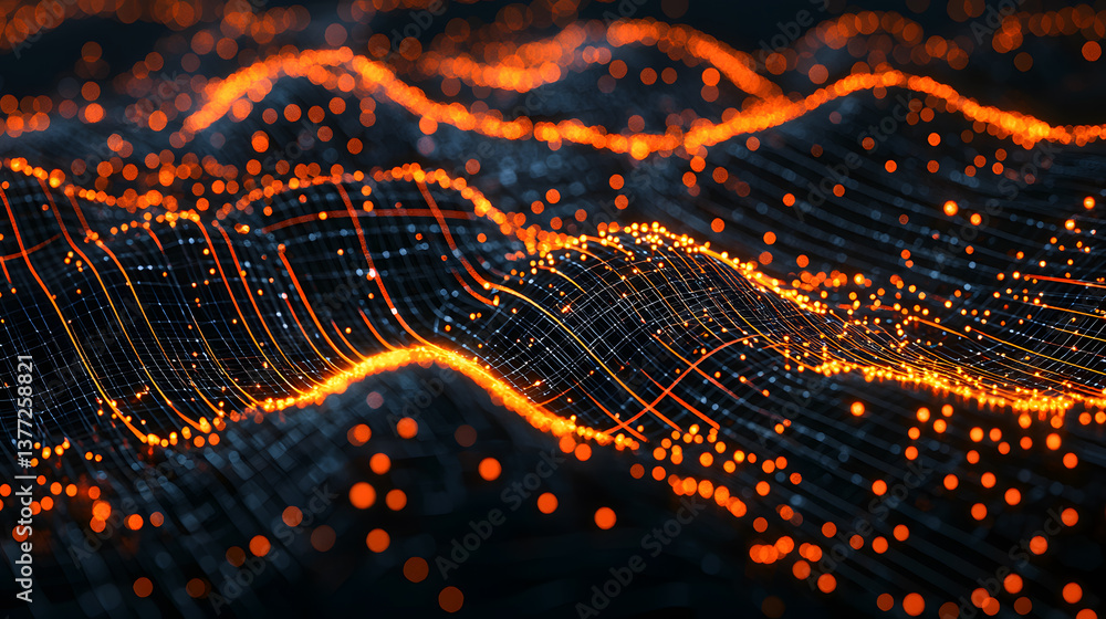 Poster glowing digital particles flowing abstract background wallpaper vibrant waves of data tech environme