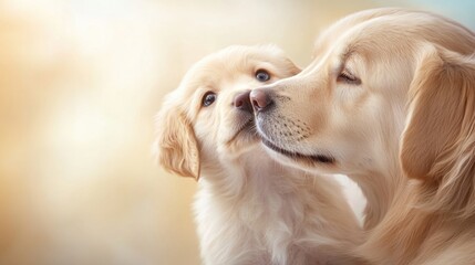 Golden retriever puppy and adult embracing in soft light. Mother's Day, Mothering Sunday, Dia de la Madre - Global Maternal Celebration, Worldwide Family Holiday