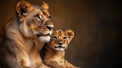 Obraz premium Lioness and cub in warm light: a touching display of animal bonding and protection. Mother's Day, Mothering Sunday, Dia de la Madre - Global Maternal Celebration, Worldwide Family Holiday