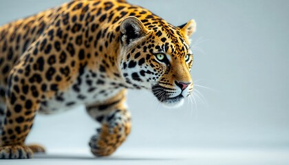 Naklejka premium Leopard Walking Forward with Intense Gaze Against Light Gray Background