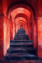 Obraz premium Red archway hallway with stairs leading to light