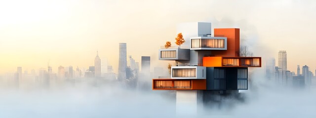 A conceptual visualization of a modern highrise apartment building with a sleek minimalist facade and an abstract geometric composition against a metropolitan skyline