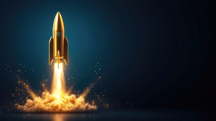 Obraz premium Golden rocket launching with fiery trail on dark background