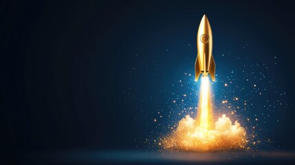 Obraz premium Golden rocket launching with fiery trail against dark sky