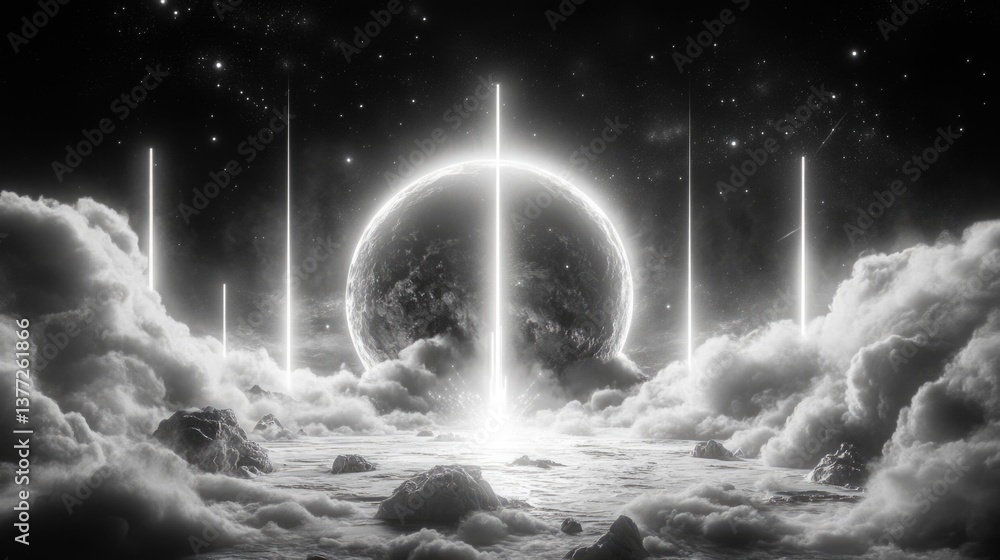 Poster enigmatic celestial scene with glowing planet and vertical light columns in cloudscape