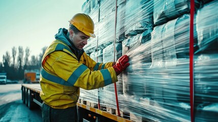 A logistics worker securing cargo on a flatbed truck with straps.