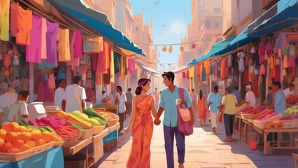 Obraz premium A charming scene featuring a smiling animated prince and princess in a festive marketplace filled with an assortment of colorful pastries and delicacies.