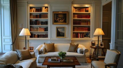 A beautifully designed home space with books, decorative vases, and a chic furniture arrangement.