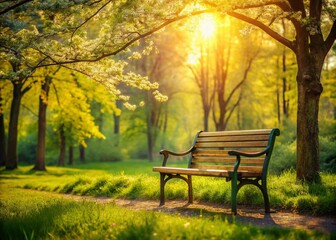 Fototapeta premium Lonely Wooden Bench in Spring Park - Solitude and Tranquility Stock Photo