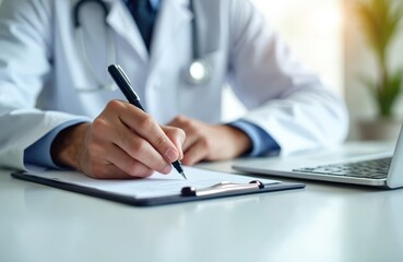 Doctor writes medical report on clipboard. Office desk with pen, stethoscope, laptop computer and other medical supplies. Healthcare documentation with clinical data records, treatment analysis.