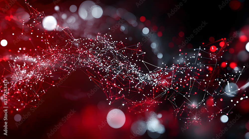 Poster dynamic digital particles flowing across abstract background wallpaper technology studio close-up gl