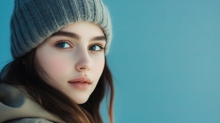 Fototapeta premium Young Woman in Knit Beanie Against Blue Background, Portrait Style