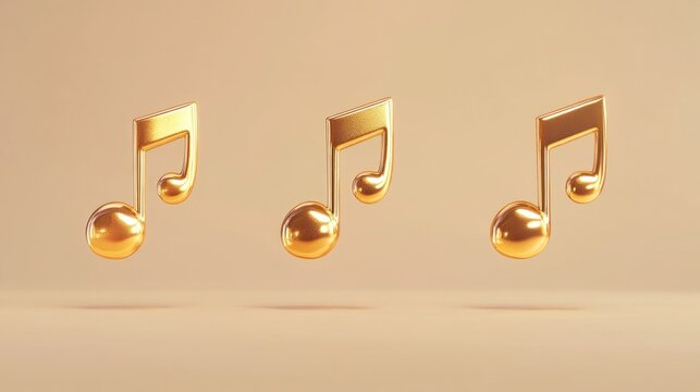 Golden musical notes floating in the air, music conceptual design element for greeting card, melody mood symbol with modern metallic tones and light refraction.