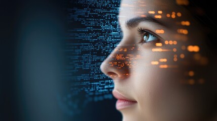 Young caucasian woman with digital interface reflections analyzing data
