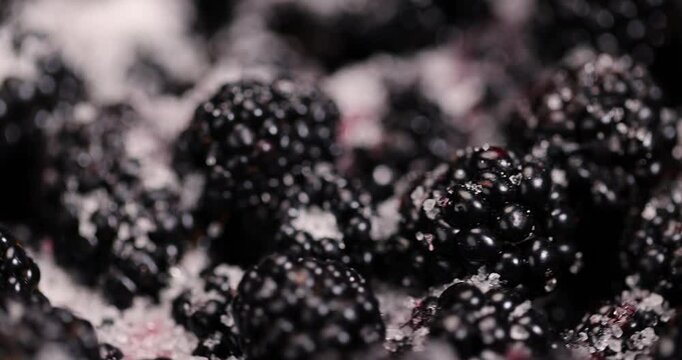blackberries in a wooden bowl sprinkled with sugar , sour but ripe blackberries on the table with white sweet sugar, close up