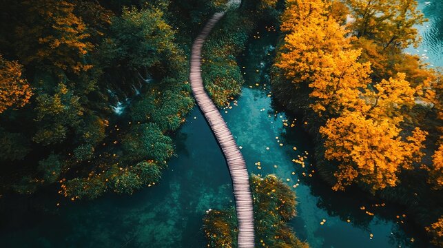 A breathtaking aerial view of the wooden walkpath in Plitvice National Park, weaving through a serene autumn forest and lake. - Powered by Adobe