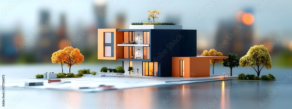 Poster a detailed 3d rendering of a contemporary high rise apartment building with a minimalist architectur