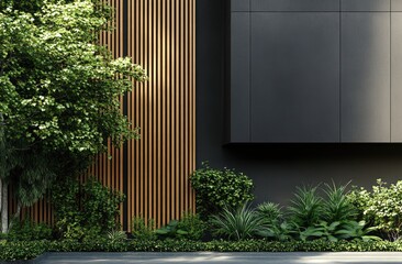 Modern facade with lush landscaping.  A contemporary building exterior featuring a dark gray wall, light wood vertical slats, and abundant greenery