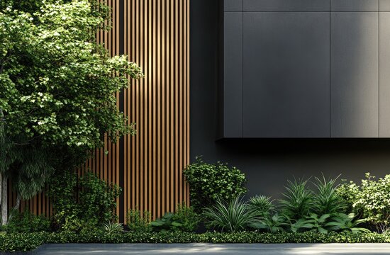 Modern facade with lush landscaping.  A contemporary building exterior featuring a dark gray wall, light wood vertical slats, and abundant greenery
