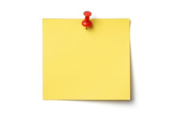A bright yellow sticky note with crisp edges and a slight shadow effect pinned to a white surface with a red pushpin