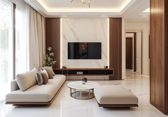 Modern, elegant living room with a sophisticated aesthetic.  Features a large flat-screen TV, light beige sofa and ottoman, and a marble-floored space. Wooden accents and subtle lighting 