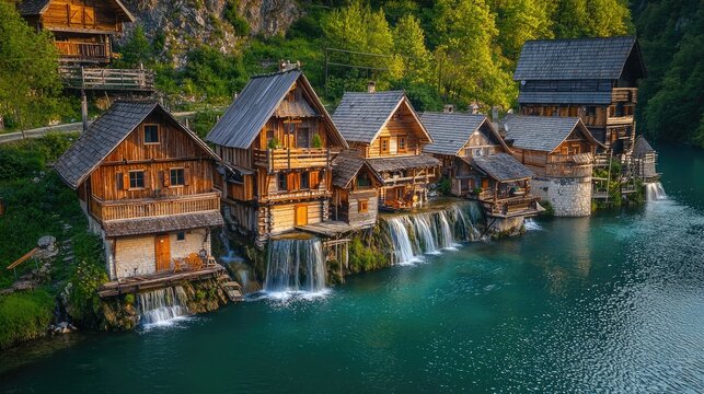 A breathtaking view of the rustic watermills of Rastoke village, nestled along the cascading waterfalls of the Korana River in Croatia.