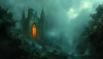 Fototapeta premium Enigmatic castle veiled in mist, glowing window, dark forest