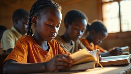 Black African primary students studying in classroom. Focus on reading textbook books at school. Education for, equality, volunteer service. Underprivileged children. Concept of local community,