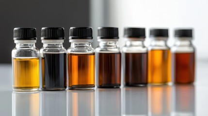 Colorful Row of Various Oil Bottles on Rustic Wooden Table Display