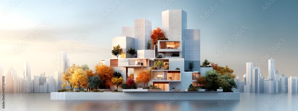 Poster a digital rendering of a conceptual highrise apartment building featuring a sleek geometric facade w