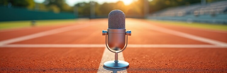 Pro microphone stands on sport track with white lines, tennis court. Audio recording, podcasting, broadcasting concept. Radio announcer, commentator equipment, modern studio, sound production, media