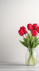 Obraz premium Red tulips in clear vase on minimalist desk