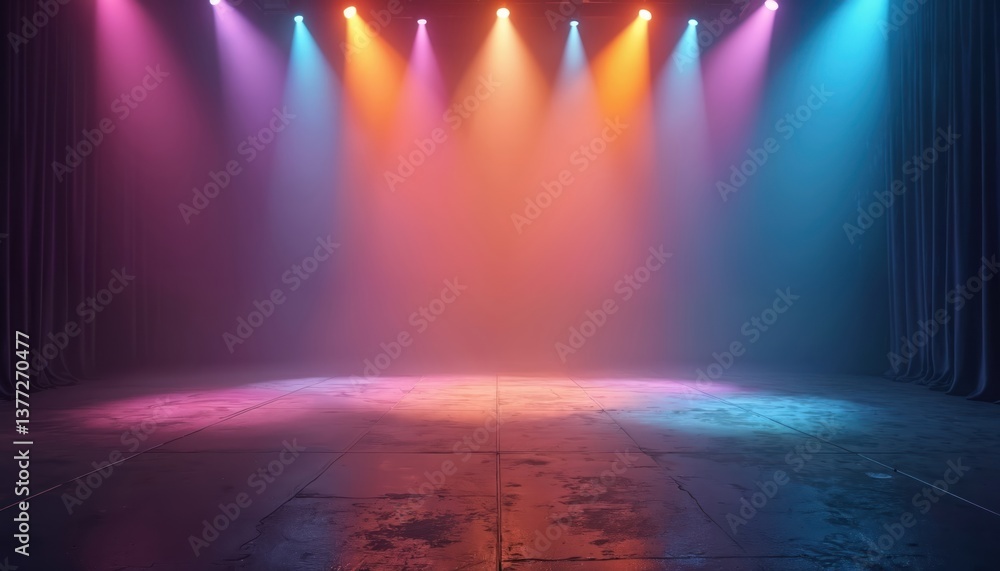 Poster empty stage with colorful spotlights creates atmospheric scene. bright neon lights illuminate perfor