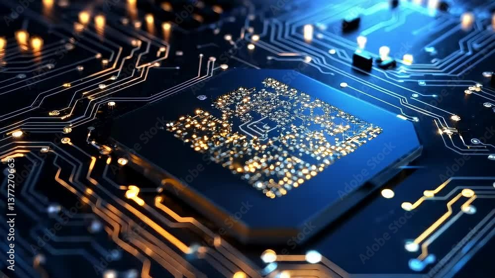 Poster close-up angle of a glowing circuit board, showcasing intricate pathways and a central processor, id