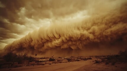 Fototapeta premium A cinematic shot of a massive dust storm engulfing a desert town, swirling sand creating an apocalyptic scene