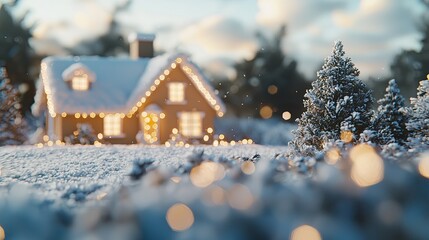 A charming winter wonderland scene, where warmly lit cottages sit under a blanket of snow, holiday decorations adding a magical touch.