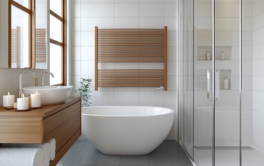 Modern bathroom interior design with white bathtub, wooden vanity, and glass shower.  Natural light illuminates the space, creating a serene atmosphere