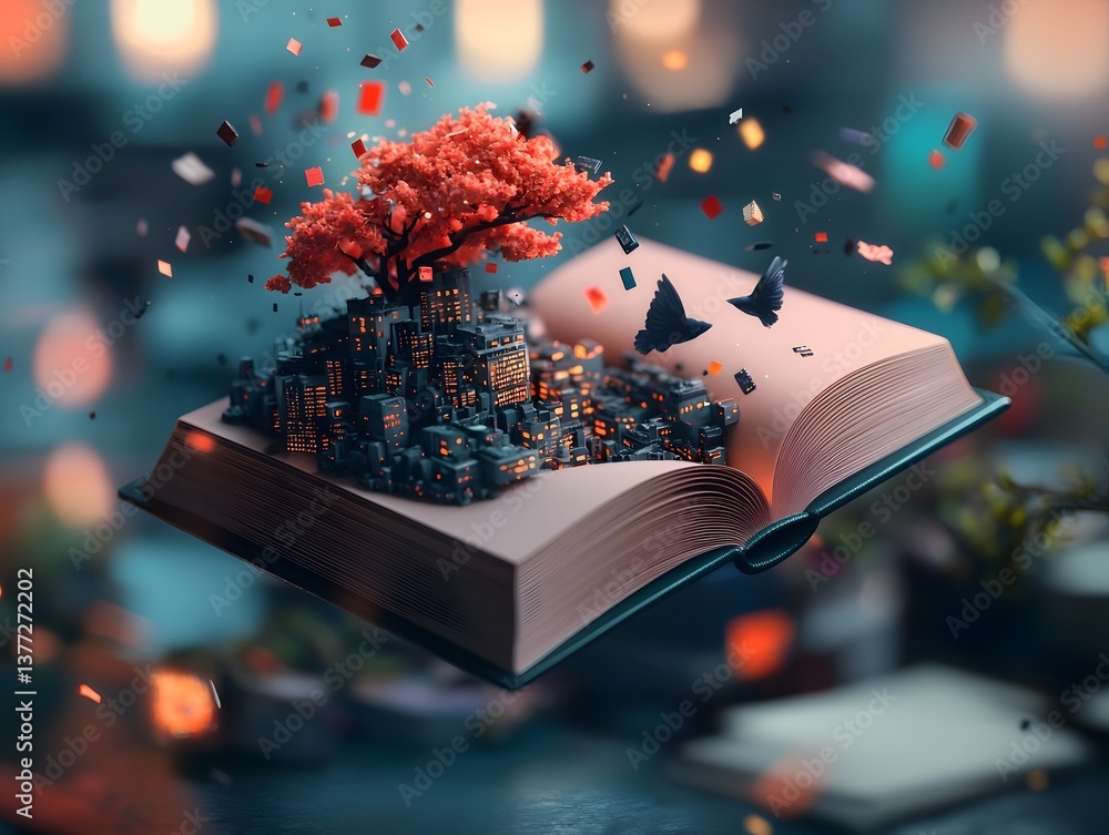 Poster a floating book emanating streams of vibrant geometric data that permeate and reconfigure a towering