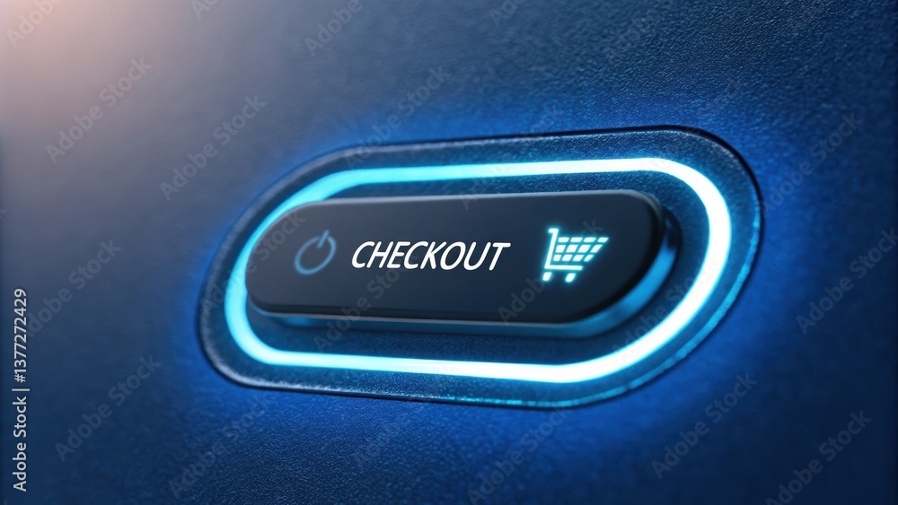 Poster button with a glowing checkout icon, symbolizing online shopping and digital transactions in a moder