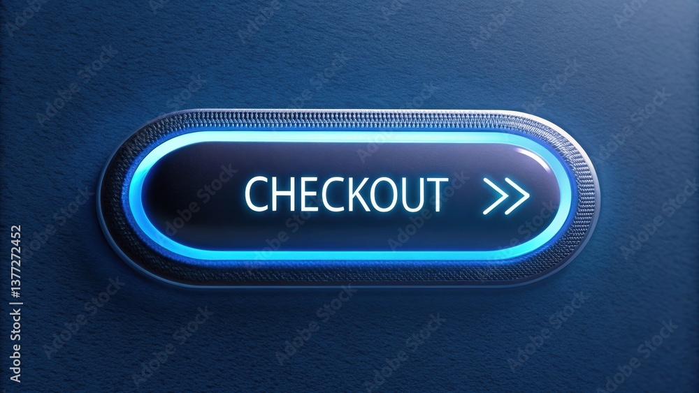 Poster a glowing checkout button on a textured background, inviting users to complete their online transact