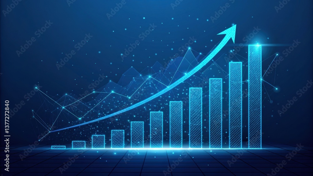 Poster growing data visualization with ascending bars and a trend line, illustrating progress and success i