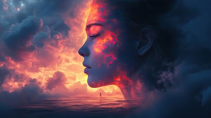 Serene face merging with fiery sunset cloudscape over calm sea