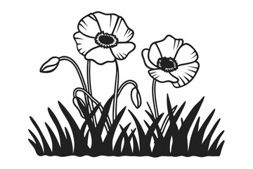 Naklejka premium Poppy flowers in continuous line art drawing style. Doodle floral border with two flowers blooming among grass. Minimalist black linear design isolated on white background. Vector illustration
