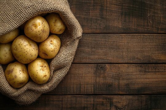Fresh potatoes in burlap sack on rustic wooden table