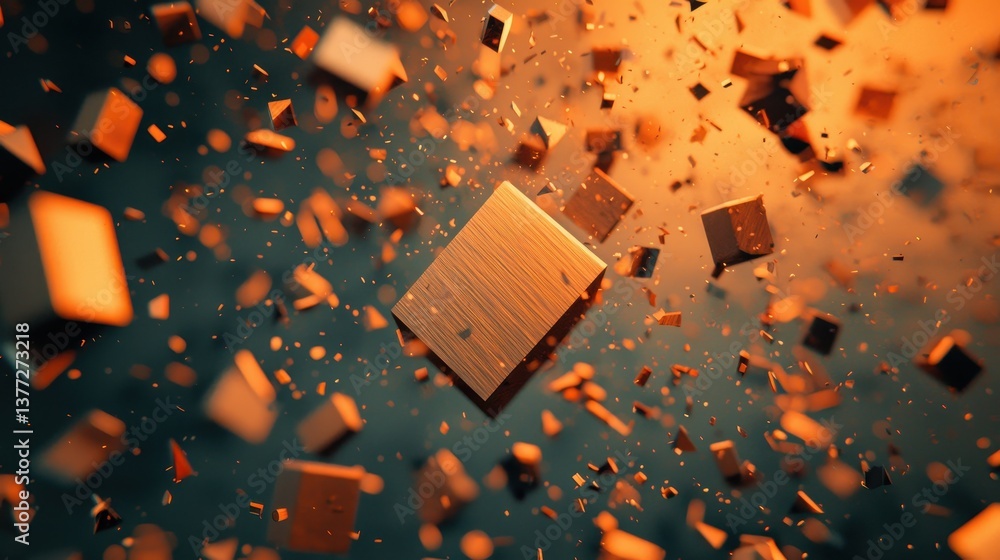 Poster dynamic explosion of wooden cubes against a vibrant background with sparkling particles and lighting