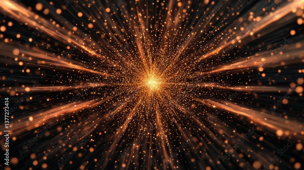 Poster radiating energy burst with golden particles and light rays in a cosmic abstract background