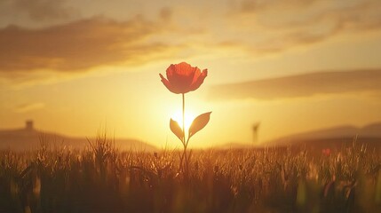 Obraz premium A cinematic shot of a lone red poppy standing against a golden summer sunset, its petals swaying gently in the wind.