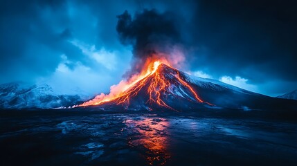 A cinematic shot of an erupting volcano, molten lava spewing into the night sky, illuminating the dark clouds above