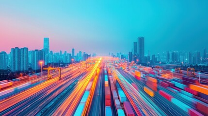 Fototapeta premium Vibrant Cityscape with Traffic and Container Transport at Twilight in Urban Environment