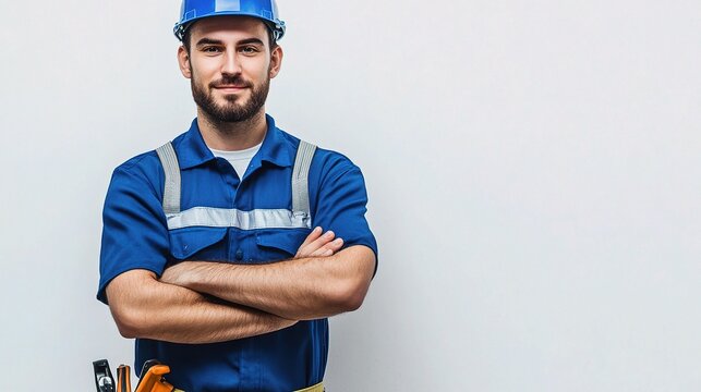 Professional Electrician with Folded Hands on Neutral Background